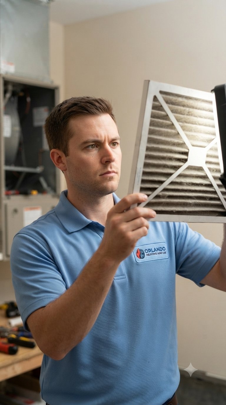 Orlando technician inspecting an air filter during an AC tune-up