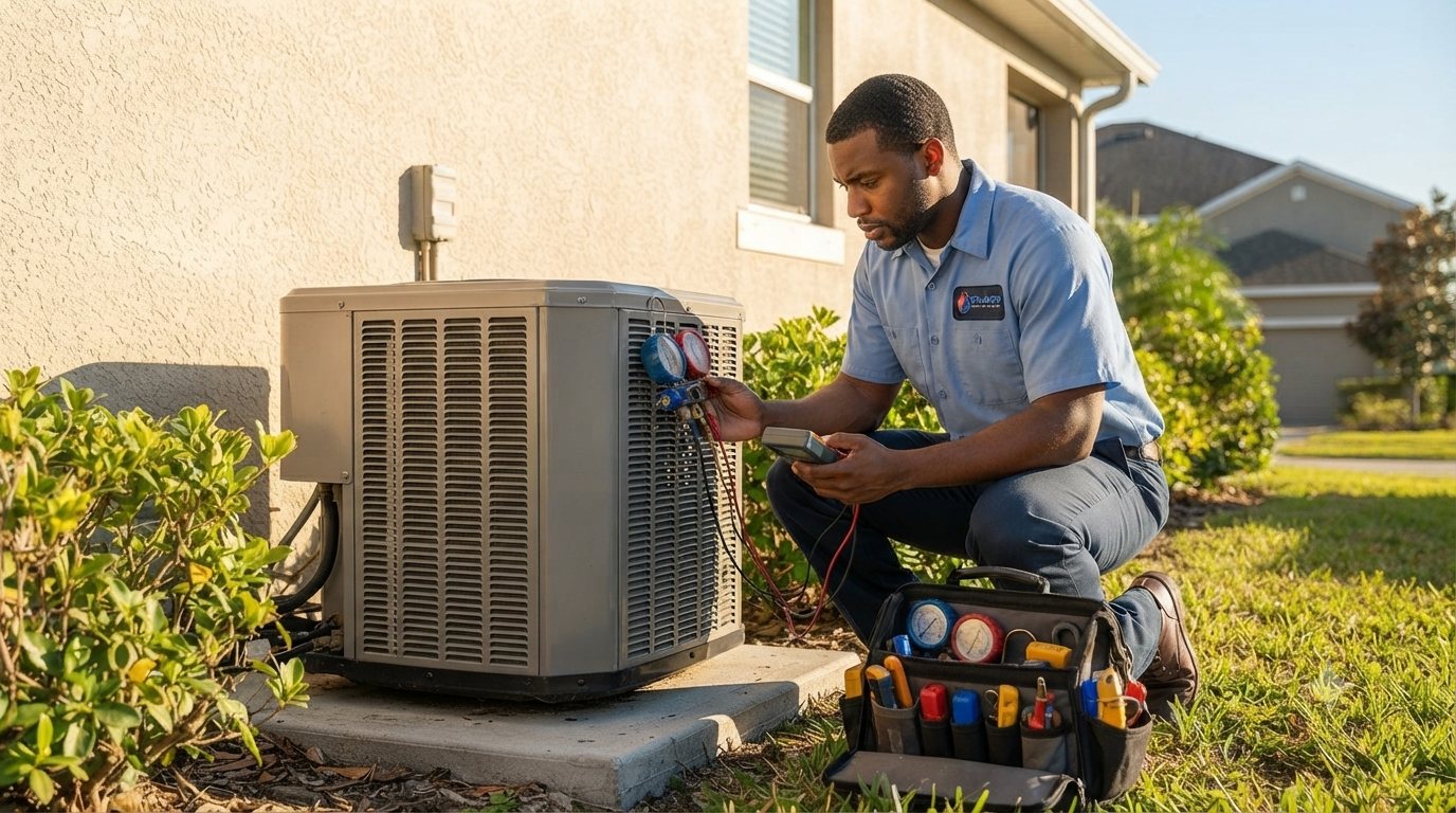 Orlando AC repair technician servicing an outdoor condenser