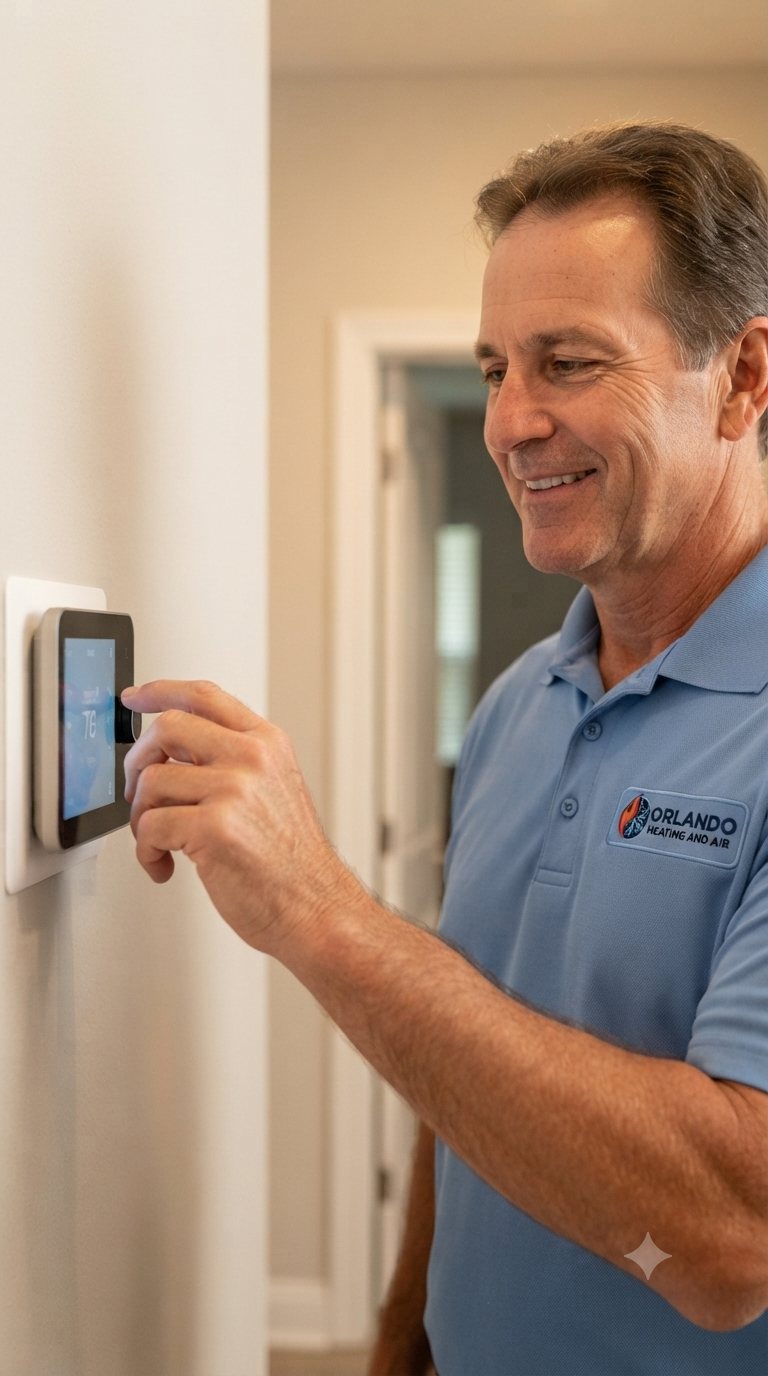 Orlando technician adjusting a smart thermostat during heating repair